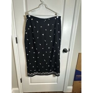 Coldwater Creek XL Midi Skirt Black Embroidered Leaves Career Minimalist Mature